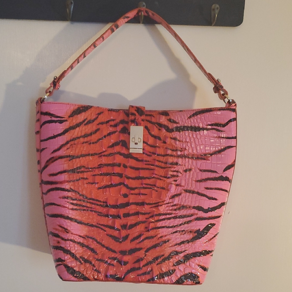 Brahmin Pink and Black Tiger Print Shoulder Bag